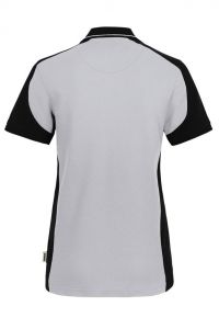 Graues Damen Arbeits Poloshirt mit schwarzen Kontrasteinsätzen und Vier-Loch-Knopfleiste – strapazierfähig und pflegeleicht für Handwerk, Pflege und Gastronomie.